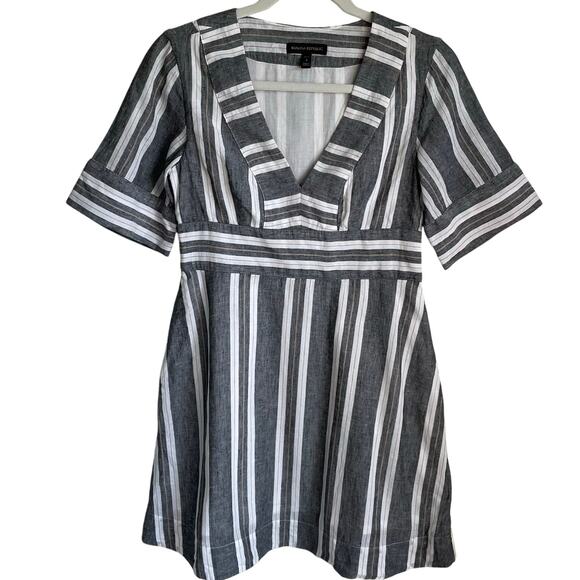 Banana Republic Mini Dress Cotton Linen Pockets V Neck Striped Sz 4P Coastal - Picture 1 of 10